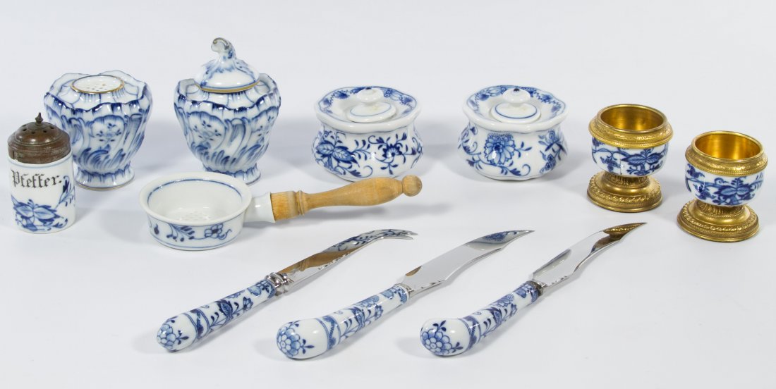 Meissen Blue Onion and KPM Ceramic Assortment: Meissen Blue Onion and KPM Ceramic Assortment Eleven items including a KPM salt and pepper shaker set, two Meissen jars with lids, two unmarked egg cups with gold color metal mounts, a pepper shaker w