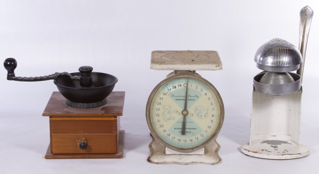 Juice-O-Mat, American Nursery Scale and Coffee Grinder: Juice-O-Mat, American Nursery Scale and Coffee Grinder Height: 12.00 inches (tallest) Category: Primitives > Kitchen Shipping Status: 3rd Party Shipping; the shipping cost may be high; please contact 