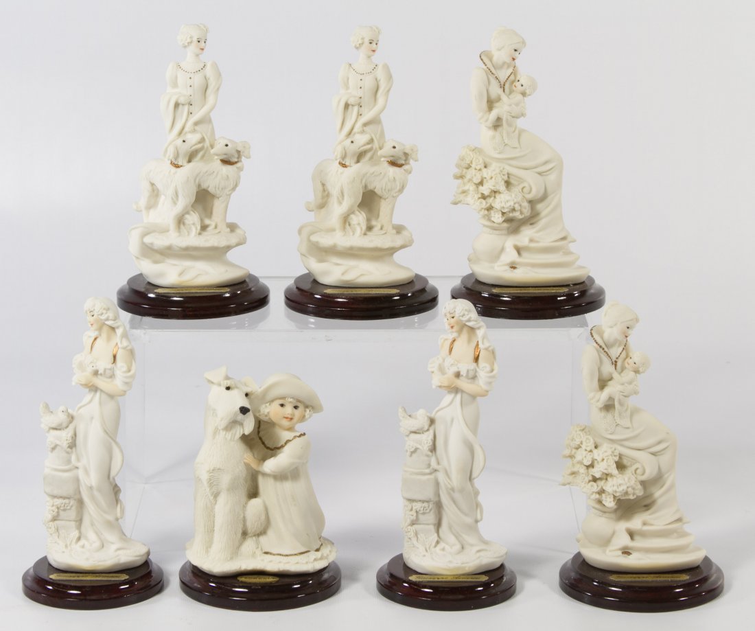 Giuseppe Armani Figurine Assortment: Giuseppe Armani Figurine Assortment c.1994-1996, seven figures including two 'Lady With Dogs' Art.245F, two 'Lady With Doves' Art.546F, 'Perfect Match' Art.358/F and two mother and child figurines Hei