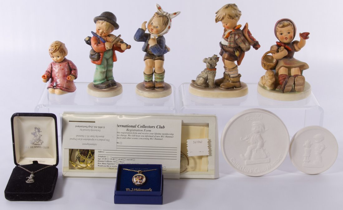 Hummel and Goebel Assortment: Hummel and Goebel Assortment Including five figurines, three glass ornaments, two plaques and two necklaces Height: 5.75 inches (tallest figurine) Category: Figurines > Hummel / Goebel Shipping Status