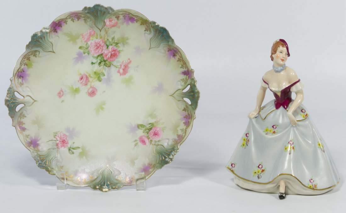 Royal Dux Figurine and RS Prussia Plate: Royal Dux Figurine and RS Prussia Plate Two items including a porcelain figurine #3566 of an 18th century style female and a decorative plate with pierced edge Diameter: 9.50 inches (plate) Category: 