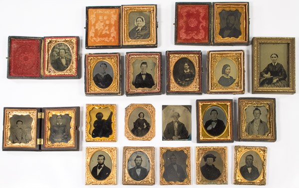 Ambrotype and Tintype Photograph Assortment: Ambrotype and Tintype Photograph Assortment Eighteen items from the Civil War era, including twenty 1/9 plates, nine ambrotypes and eleven tintypes; some in cases including a union gutta-percha case a