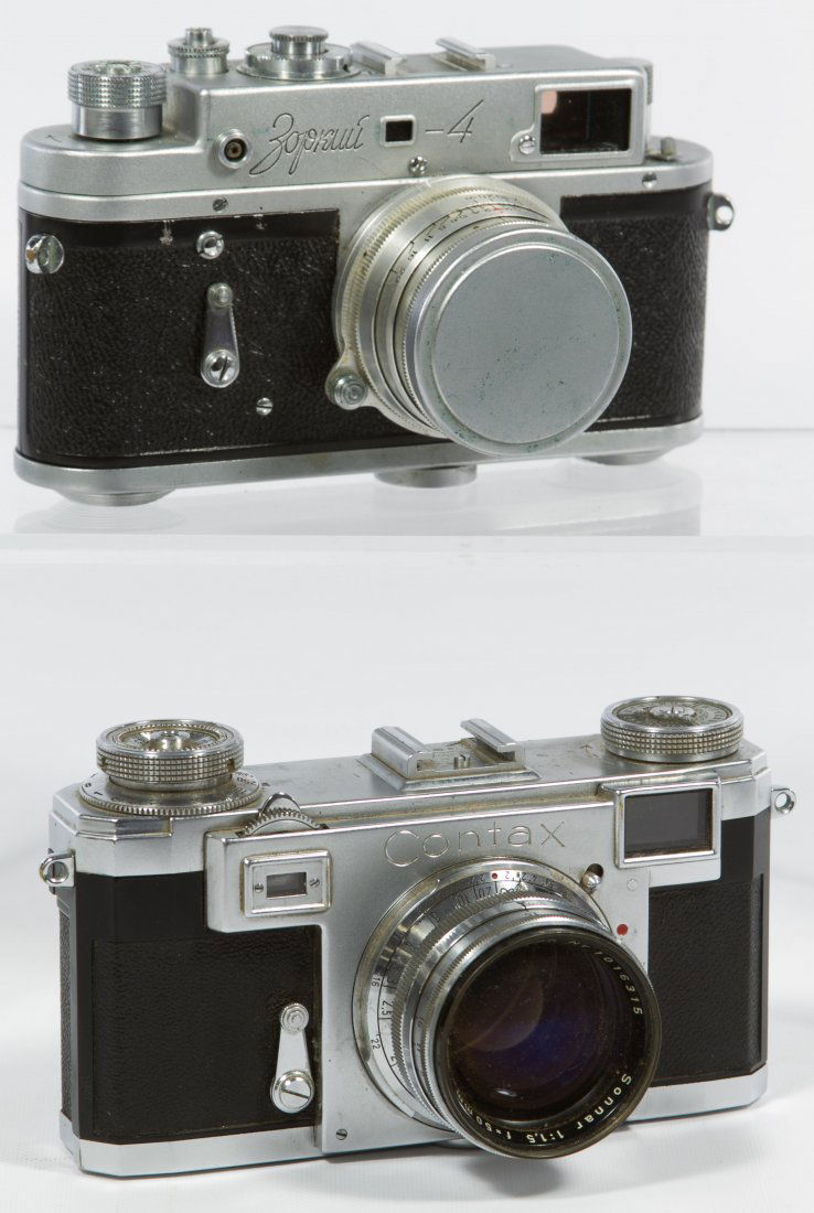 Zeiss Ikon Contax and Zopkuu Cameras: Zeiss Ikon Contax and Zopkuu Cameras One Zeiss Ikon Contax having a 50mm Zeiss Sonnar lens, model #U3899; together with one Zopkuu-4 No.5750235 f=5cm camera Height: 3.00 inches, Width: 6.00 inches (co