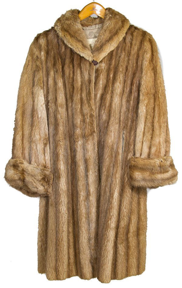 Mink Coat by Schwartz Furs: Mink Coat by Schwartz Furs Light brown having cuffed sleeves Length: 40.00 inches, Width: 23.00 inches (back below ther arms)Size: Small Category: Clothing & Accessories > Coats Tax Status: Subject to