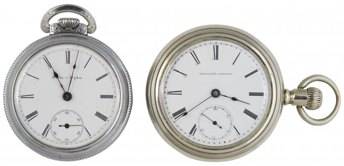 Elgin Open Case Pocket Watches: Elgin Open Case Pocket Watches two watches; c.1890, both size 18; Sun-Dial is serial 7709807; other is serial 1988079, stem wind, lever setSize: 18 Category: Jewelry and Timepieces > Men's Pocket Watc