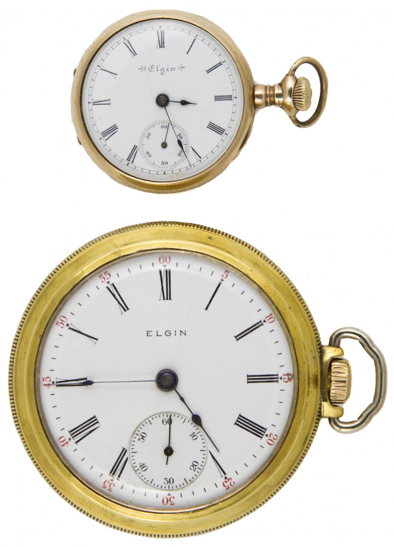 Elgin Open Case Pocket Watches: Elgin Open Case Pocket Watches two watches; c.1900; serial 11319456 is stem wind, lever set, size 18; serial 7226543 is stem wind, stem lever set 15 jewel, size 0Size: 18 & 0 Category: Jewelry and Tim