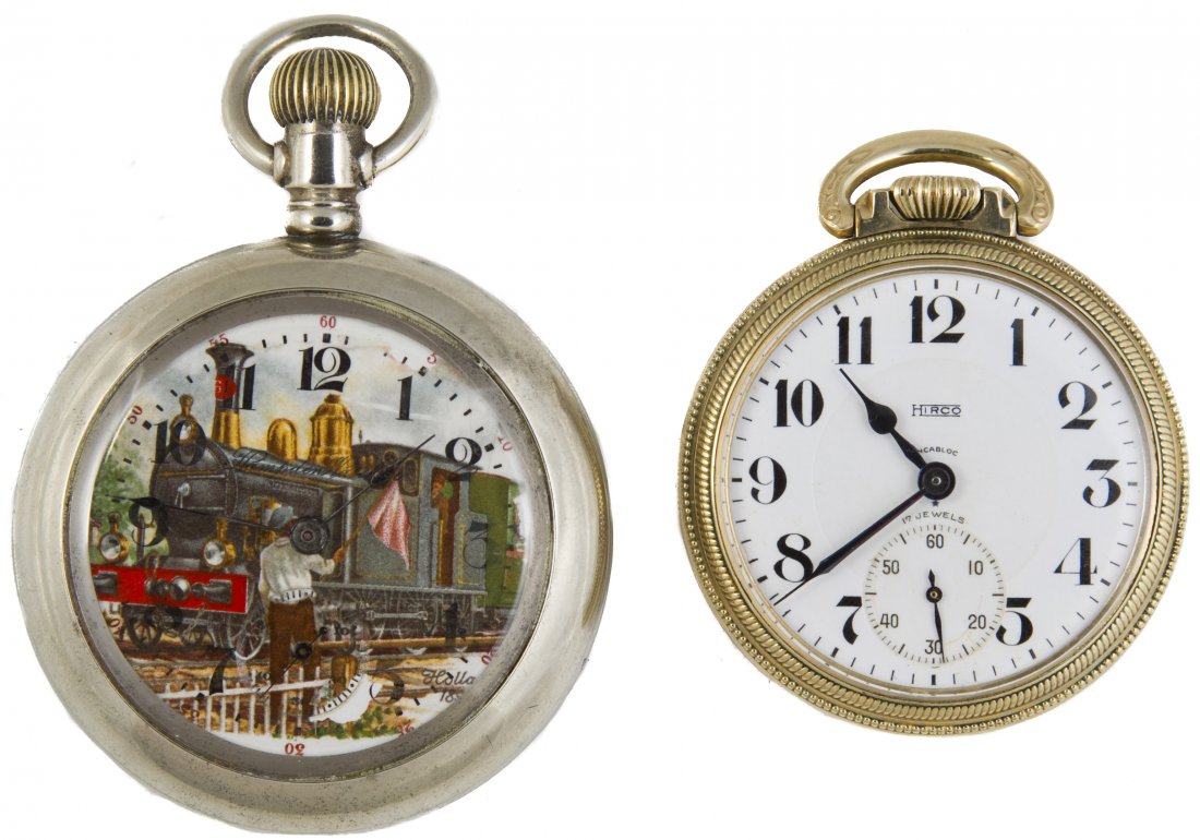 Hampden Train Face Pocket Watch: Hampden Train Face Pocket Watch Two watches; c.1888; serial #630378; 15 jewel; stem wind and lever set; together with a Hirco railroad face pocket watch; 17 jewel; stem wind and set; train etched on t