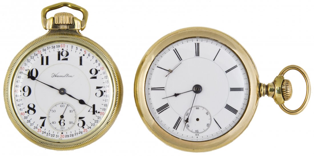 Open Case Pocket Watches: Open Case Pocket Watches Two watches; c.1940; both stem wind and lever set; Hamilton Railroad 992 is serial #1103195, 21 jewel, 5 position adjusted; New York is serial #55835, center balanceSize: 16 &