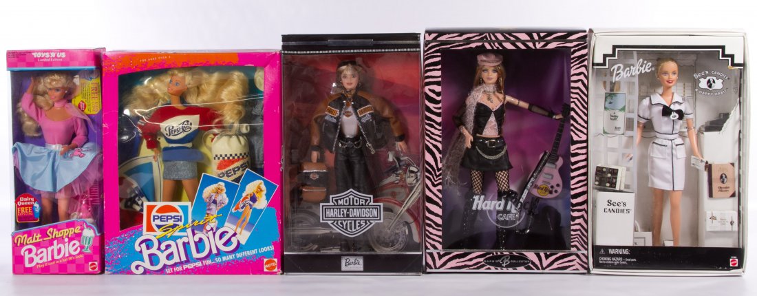 Advertising Barbie Doll Assortment: Advertising Barbie Doll Assortment Five boxed dolls including Dairy Queen's Malt Shoppe Barbie #4581, Hard Rock Cafe Barbie #G7915, Harley-Davidson Motorcycle Barbie #25637, See's Candies Barbie #2728