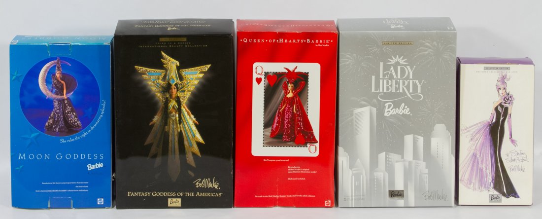 Bob Mackie Barbie Doll Assortment: Bob Mackie Barbie Doll Assortment Five boxed dolls including Queen of Hearts, Lady Liberty, Fantasy Goddess of Americas, Moon Goddess and the Sterling Silver Rose Height: 17.00 inches (Queen of Hearts