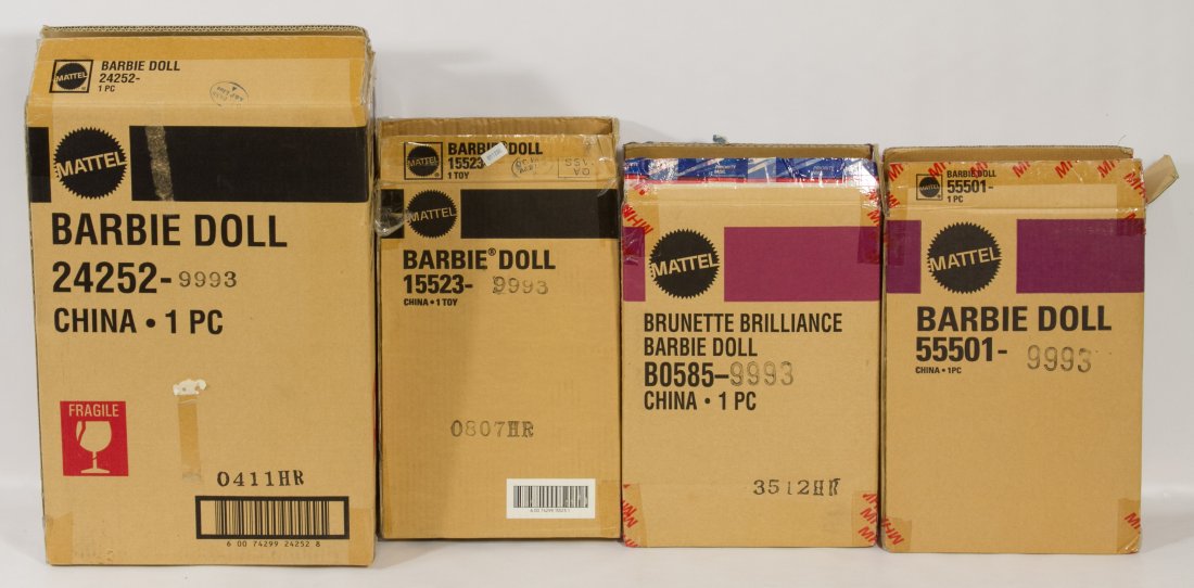 Bob Mackie Barbie Doll Assortment: Bob Mackie Barbie Doll Assortment Four dolls in original shipping boxes including Sapphire Splendor, Brunette Brilliance, Radiant Redhead and the porcelain 'The Charleston' doll Height: 14.50 inches (