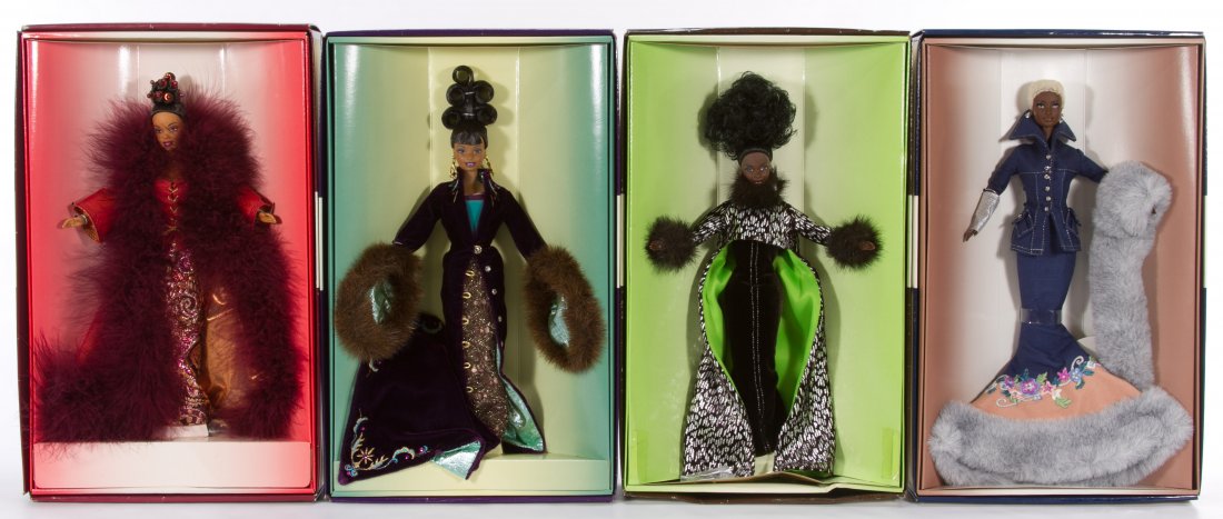 Byran Lars African American Barbie Doll Assortment: Byran Lars African American Barbie Doll Assortment Four boxed dolls including 'Cinnabar Sensation' #19848, 'Indigo Obsession' #26935, 'Plum Royale' #23478 and 'In the Limelight' #17031 Height: 16.00 i