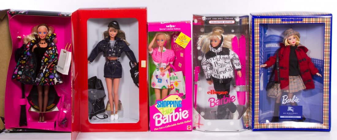 Shopping and Fashion Store Barbie Doll Assortment: Shopping and Fashion Store Barbie Doll Assortment Five boxed dolls including ellesse Barbie 63056, Calvin Klein Jeans Bloomingdale's Barbie #16211, Burberry Blue Label Barbie #24961, Nicole Miller's S