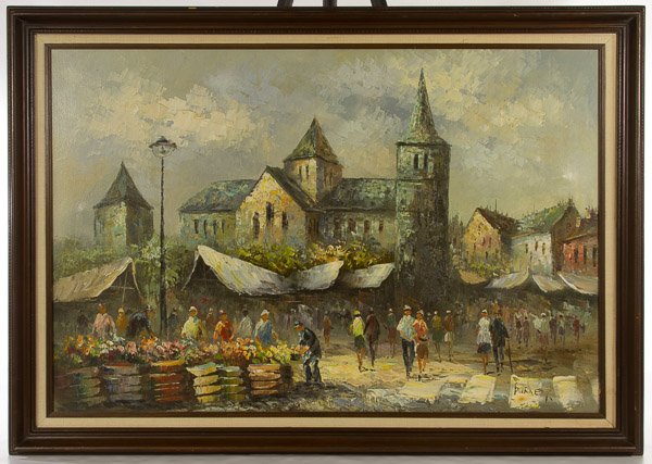 Caroline Burnett (European, 20th Century) 'Village' Oil: Caroline Burnett (European, 20th Century) 'Village' Oil on Canvas Undated, signed lower right, depicting figures walking through the village Height: 24.00 inches, Width: 36.00 inches Category: Estate 