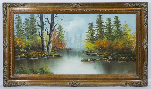 Thompson (American, 20th Century) 'Landscape' Acrylic: Thompson (American, 20th Century) 'Landscape' Acrylic on Canvas c.1970, signed lower right, depicting a river in the woods Height: 24.00 inches, Width: 48.00 inches (canvas) Category: Estate Lots > De
