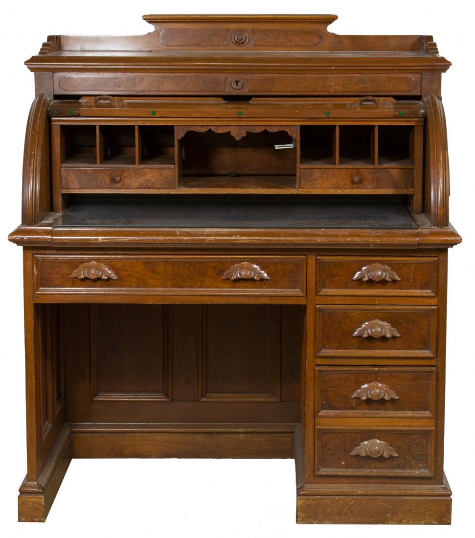 Victorian Burled Walnut Roll Top Desk: Victorian Burled Walnut Roll Top Desk Having burled walnut veneered panels on drawer faces, four drawers to the right and cubby holes underneath the cylinder roll top Height: 51.00 inches, Width: 44.0