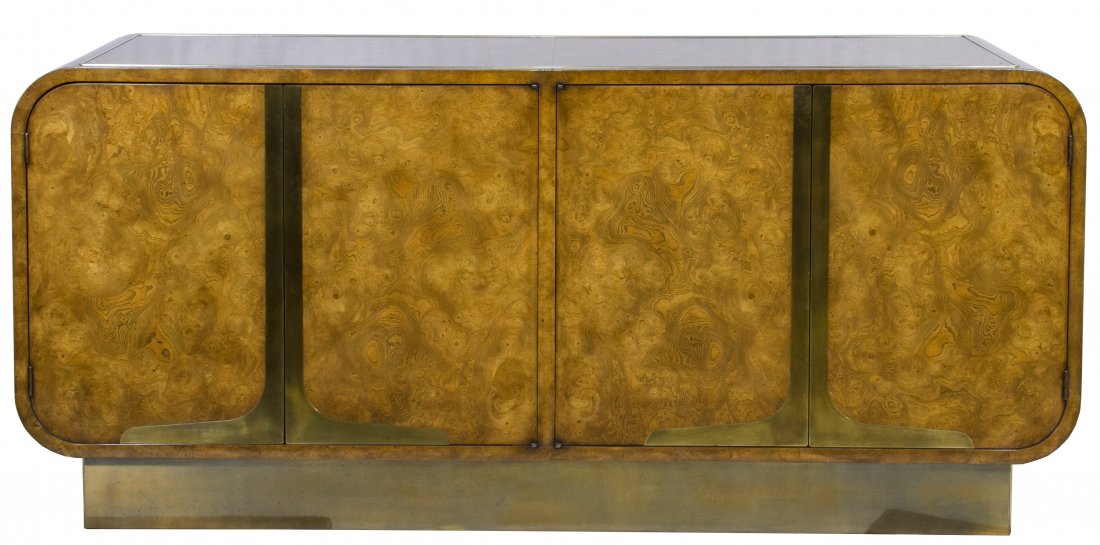 (Attributed) Mastercraft Burled Wood Sideboard: (Attributed) Mastercraft Burled Wood Sideboard Having two sets of touch release double doors with interior drawers and shelves Height: 29.00 inches, Width: 65.00 inches, Depth: 18.00 inches Category: