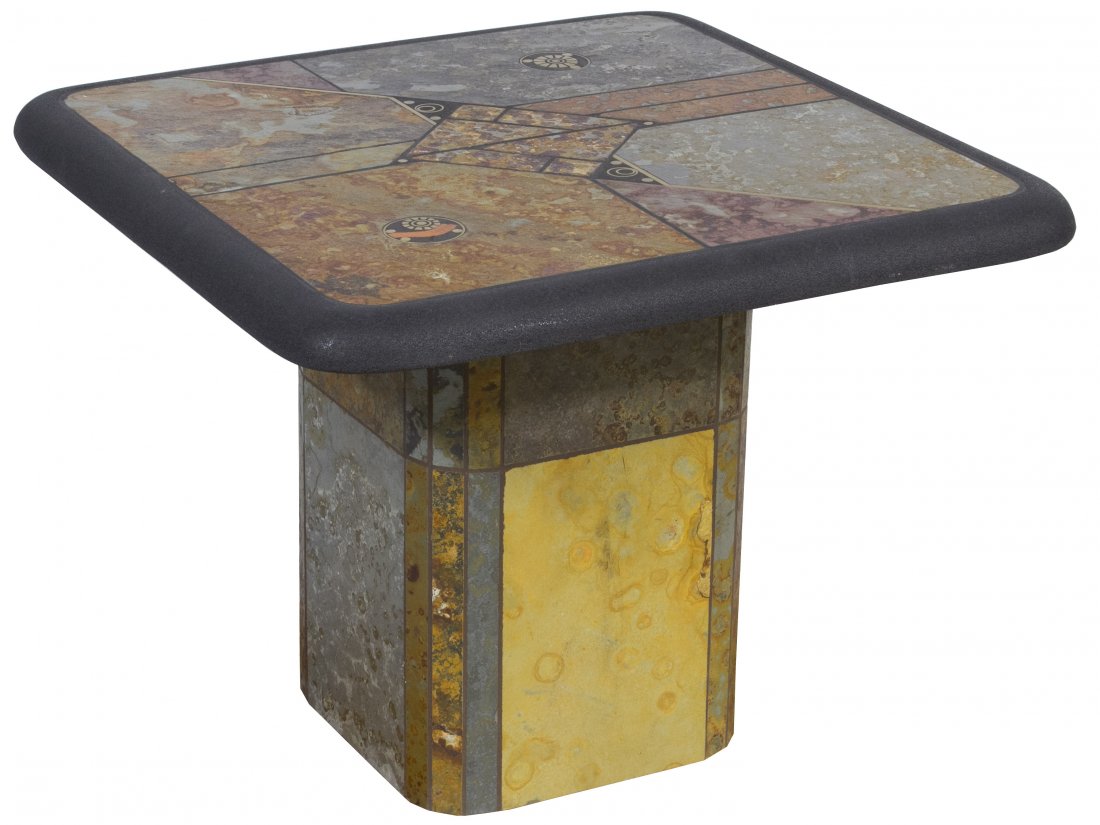 Pedestal Lamp Table by Paul Kingma: Pedestal Lamp Table by Paul Kingma Slate, stone and brass art by Dutch stone artist Paul Kingma Height: 22.00 inches, Width: 28.00 inches, Depth: 28.00 inches Category: Furniture > Mid-Century Modern