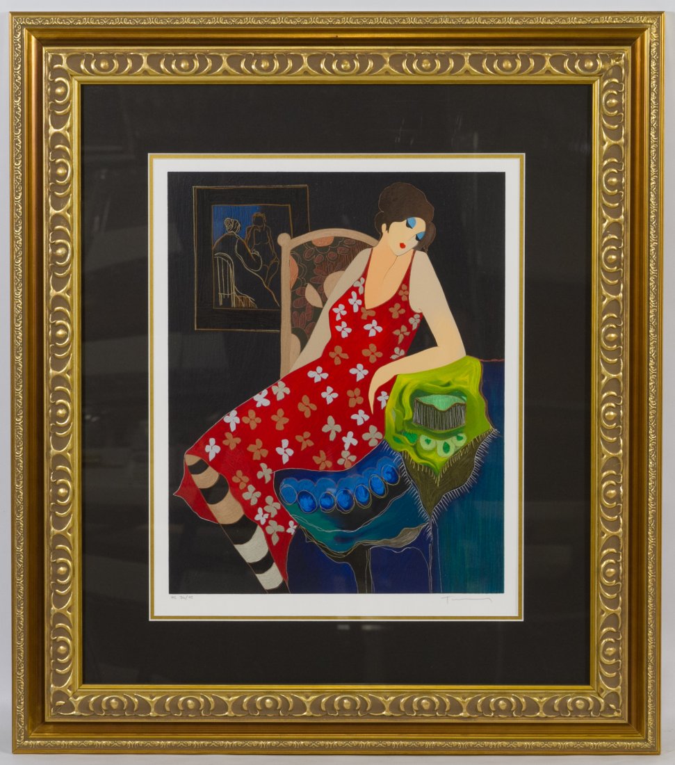 Itzchak Tarkay (Israeli, 1935-2012) 'Crimson' Serigraph: Itzchak Tarkay (Israeli, 1935-2012) 'Crimson' Serigraph Undated, signed lower right in pencil, numbered HC 36/45, depicting a female sitting on a lounge chair; sticker en verso from the Norwegian Star