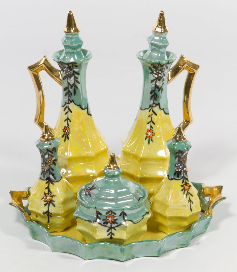 Japanese Lusterware Cruet Set: Japanese Lusterware Cruet Set Including oil and vinegar bottles, salt and pepper shakers, covered sugar bowl and tray in yellow and green with floral decoration and back stamp 'TT in double diamond' H