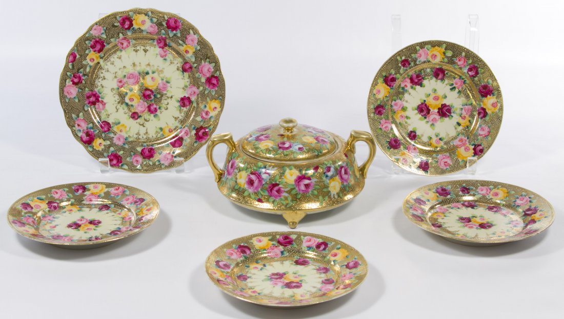 Nippon Porcelain Dishes: Nippon Porcelain Dishes Six items including a covered serving dish, a serving plate with 'Royal Kinran Crown Nippon' mark and four dessert plates Height: 4.50 inches (covered dish) Category: Porcelain