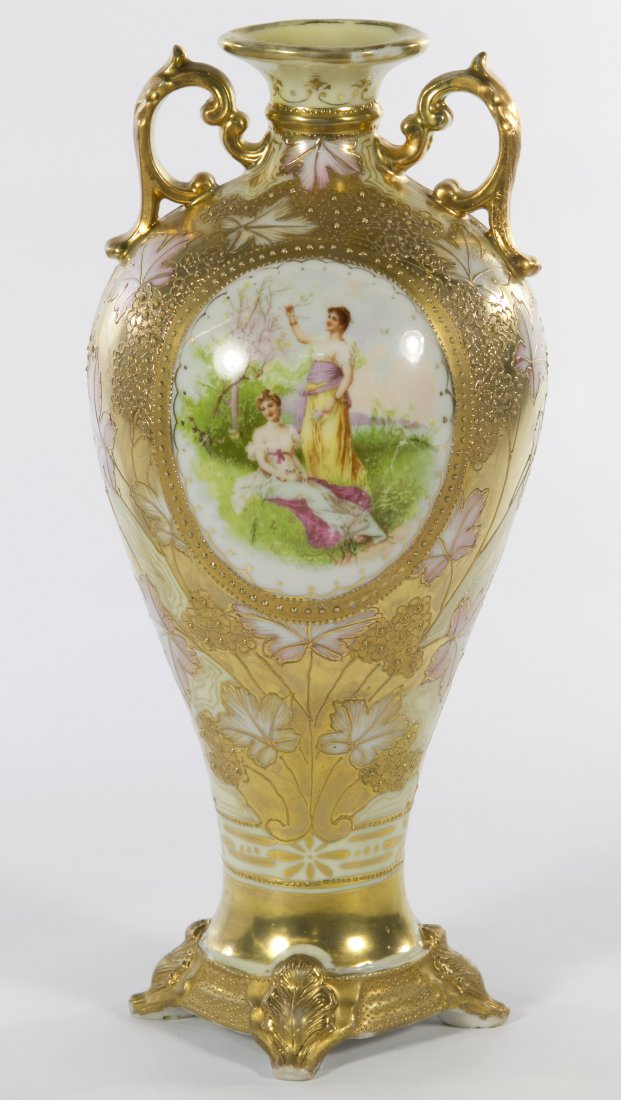 Nippon Porcelain Portrait Vase: Nippon Porcelain Portrait Vase Having a portrait of two Victorian females on one side and flowers on the other; moriage and gilt decorated vase; no mark to the underside Height: 12.00 inches Category: