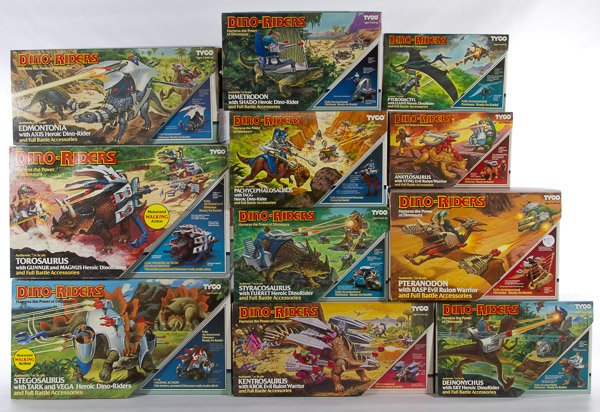Tyco Dino-Riders Assortment: Tyco Dino-Riders Assortment Eleven Dino-Rider figures in the original boxes Length: 13.50 inches Category: Toys and Dolls > Post-War Toys Shipping Status: 3rd Party Shipping; the shipping cost may be