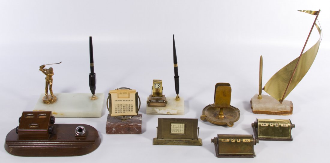 Pen Holder, Calendar and Desk Accessory Assortment: Pen Holder, Calendar and Desk Accessory Assortment Nine items including three marble base pen holders with two Sheaffer pens, two perpetual calendars, two paper calendars holders, a wood base pen hold