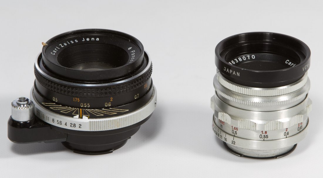 Carl Zeiss Jena Tessar and Pancolor Bayonet Mount: Carl Zeiss Jena Tessar and Pancolor Bayonet Mount Lenses Two lenses including a 1:2 50mm and a 1:2.8 50mm; fits the Exakta 35mm camera Length: 2.00 inches (Tessar lens) Category: Cameras and Electroni