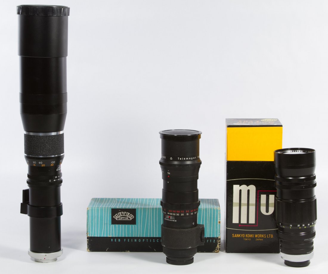Exakta Bayonet Mount Lens Assortment: Exakta Bayonet Mount Lens Assortment Three lenses including Caspeco 1:6.3 400mm, a Sankyo Kohki Komura 1:3.5 200mm and a Meyer-Optik Gorlitz Telemegor 1:5.5 250mm; all in original boxes Length: 13.75