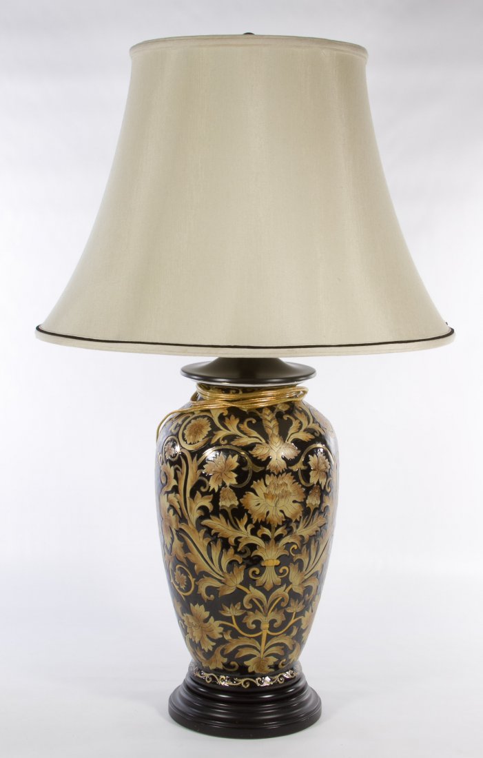 Frederick Cooper Glazed Porcelain Lamp: Frederick Cooper Glazed Porcelain Lamp Having a gold floral motif and wood base Height: 30.00 inches Category: Marketplace > Decorative Arts Shipping Status: 3rd Party Shipping; the shipping cost may