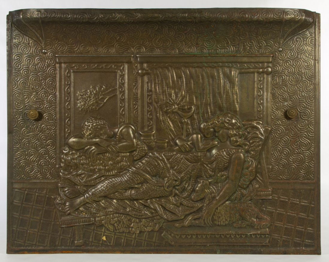 Repousse Copper Fireplace Screen: Repousse Copper Fireplace Screen Depicting three figures and a dog Height: 19.00 inches, Width: 24.50 inches Category: Marketplace > Decorative Arts Shipping Status: 3rd Party Shipping; the shipping c