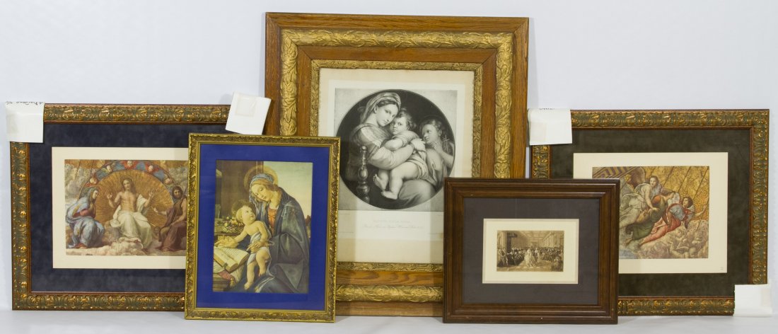 (After) Raphael (Italian, 1483-1520) 'Madonna Della: (After) Raphael (Italian, 1483-1520) 'Madonna Della Sedia' Print Together with four other reproduction religious prints Height: 30.00 inches, Width: 26.00 inches (largest framed) Category: Marketplace