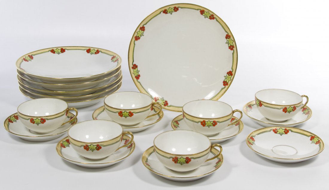 Nippon Porcelain Luncheon Service for Six: Nippon Porcelain Luncheon Service for Six Including (6) each: plate, cup and saucer; plus extra saucer; marked with the blue 'Imperial China crown Hand Painted Nippon' mark Width: 9.00 inches (largest