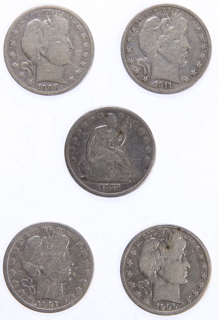 1875-S, 1900-O, 1901-O, 1908-O, 1911-D 50c: 1875-S, 1900-O, 1901-O, 1908-O, 1911-D 50c Category: Half Dollars > Barber Half Dollar Mixed Lots Shipping Status: Leonard Auction, Inc. will directly ship via USPS Approximate Sale Time: 10:12 am CST