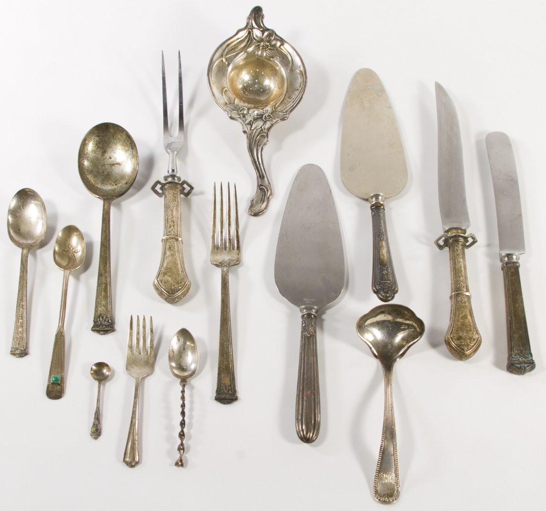 Sterling Silver Flatware Assortment: Sterling Silver Flatware Assortment Including (4) spoons, (2) forks, salt spoon, ladle, Wallace tea strainer, sterling handled dinner knife, sterling handled carving set and (2) sterling handled cake 