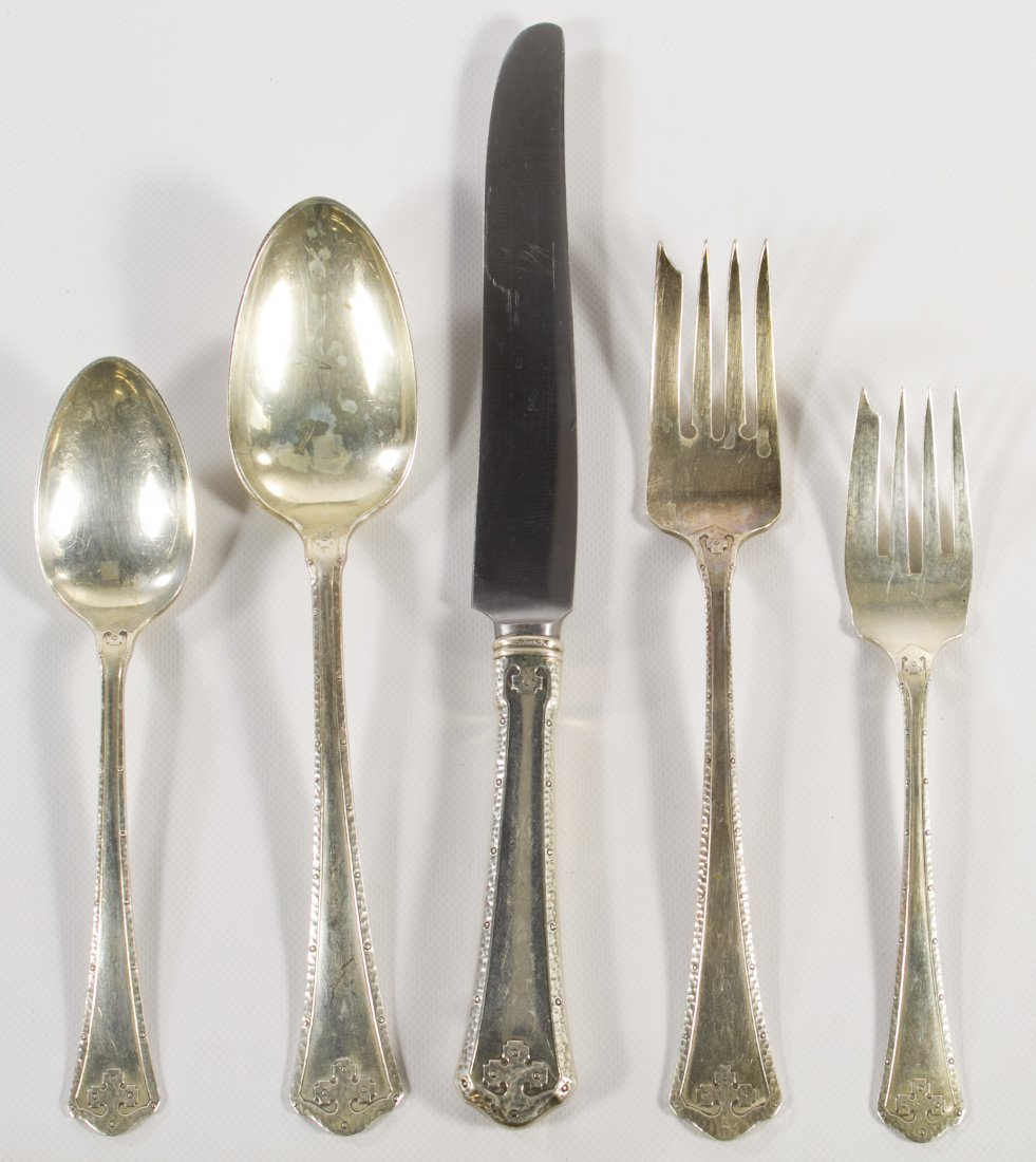 Wallace 'Carmel' Sterling Silver Flatware: Wallace 'Carmel' Sterling Silver Flatware Including (12) dinner knives, (13) dinner forks, (11) salad forks, (12) teaspoons, (12) table spoons, (2) serving spoons, butter knife, ladle and sugar spoon;
