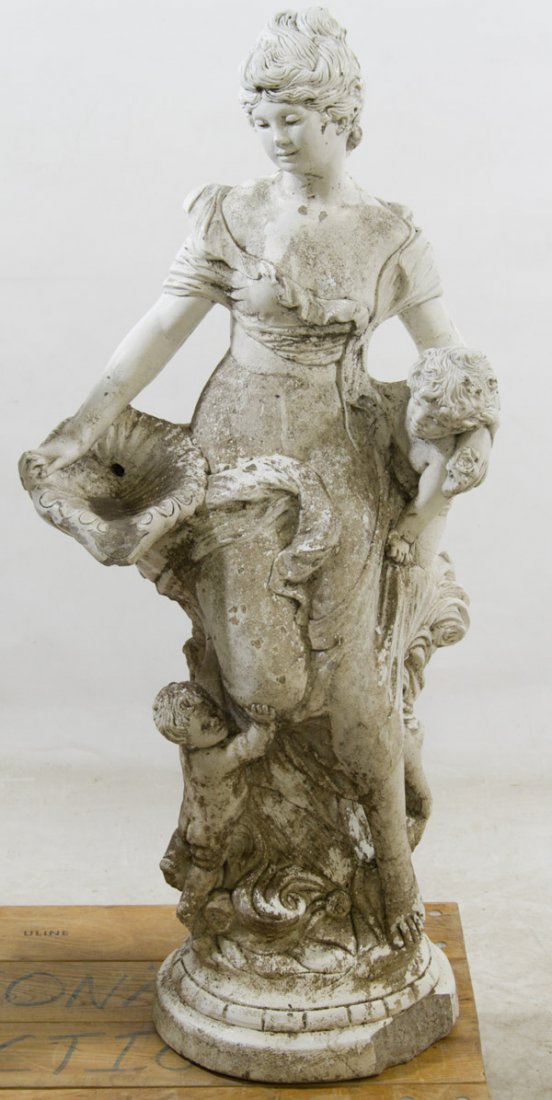 Concrete Fountain Statue: Concrete Fountain Statue Depicting a female figure with two children, shell and flowers Height: 34.00 inches, Width: 16.00 inches, Depth: 9.50 inches Category: Decorative Arts > Lawn & Garden Tax Stat