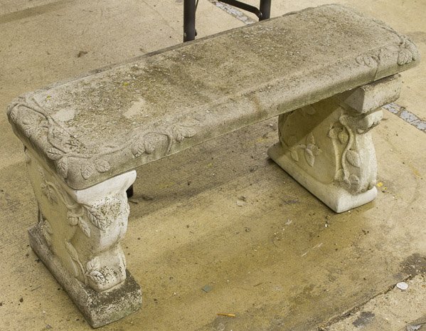 Concrete Garden Bench: Concrete Garden Bench Height: 17.00 inches, Width: 38.00 inches, Depth: 13.50 inches Category: Decorative Arts > Lawn & Garden Shipping Status: 3rd Party Shipping; the shipping cost may be high; pleas