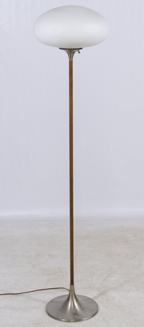 Mid-Century Modern Laurel Teak and Brushed Metal: Mid-Century Modern Laurel Teak and Brushed Metal Mushroom Floor Lamp Height: 56.00 inches Category: Decorative Arts > Lamps Shipping Status: 3rd Party Shipping; the shipping cost may be high; please c