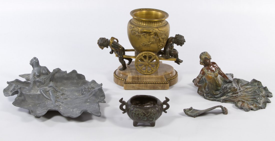 Art Nouveau Metal Figurine Assortment: Art Nouveau Metal Figurine Assortment Four items including an Art Nouveau female holding sheet music, an Art Nouveau female musician on a leaf tray, a cherub bearing urn marked 'E. Provost' and a smal