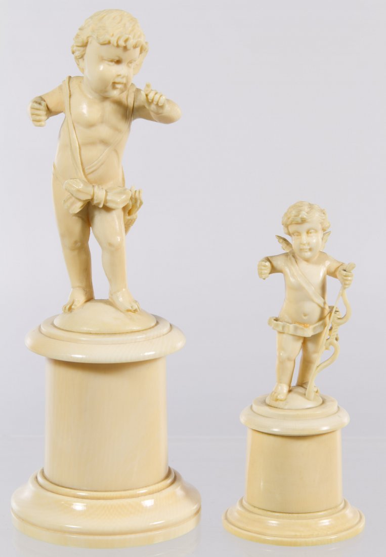 Continental Carved Ivory Cherub Figurines: Continental Carved Ivory Cherub Figurines Having winged figurines with partial bow and arrows; ** Please note: this item may only be shipped to United States addresses ** Height: 6.00 inches Category:
