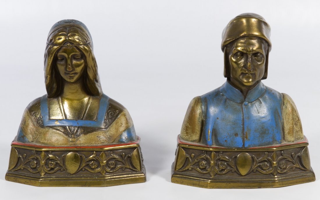 Pompeian Bronze 'Dante and Beatrice' Bookends: Pompeian Bronze 'Dante and Beatrice' Bookends A pair of bust form painted plaster and bronze bookends Height: 7.00 inches Category: Decorative Arts > Objects Shipping Status: 3rd Party Shipping; the s