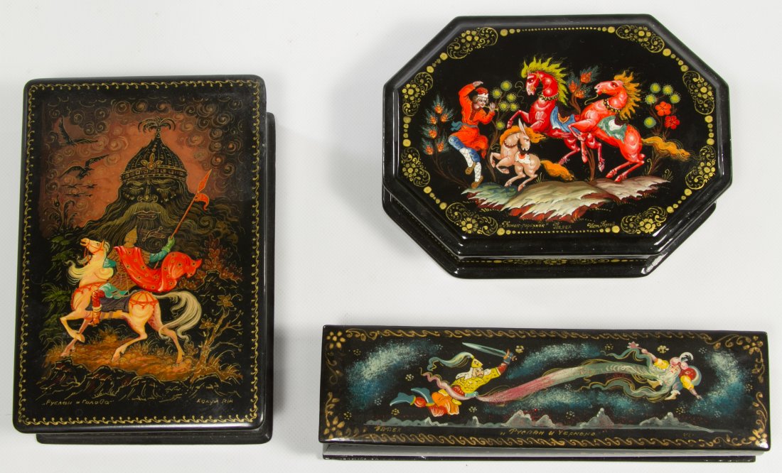 Russian Lacquer Box Assortment: Russian Lacquer Box Assortment Three signed trinket boxes featuring fairy tale and knights on horseback themes Length: 7.00 inches (longest) Category: Decorative Arts > Objects Shipping Status: Leonar