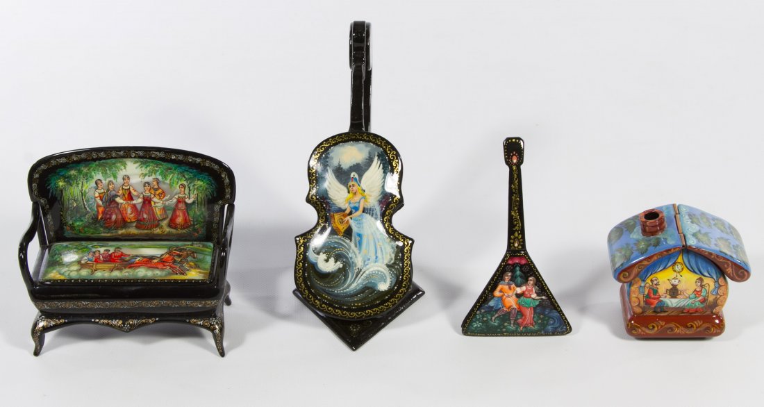 Russian Lacquer Musical Instrument Form Box Assortment: Russian Lacquer Musical Instrument Form Box Assortment Four signed items including a viola with stand, a zither box, a settee box and a house shaped box Height: 7.00 inches (viola stand) Category: Dec