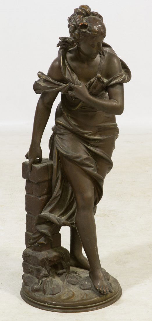 Eutrope Bouret (French, 1833-1906) Bronze Sculpture: Eutrope Bouret (French, 1833-1906) Bronze Sculpture Undated, signed on back base, depicting a female by a pillar Height: 27.50 inches Category: Decorative Arts > Statues Shipping Status: 3rd Party Shi