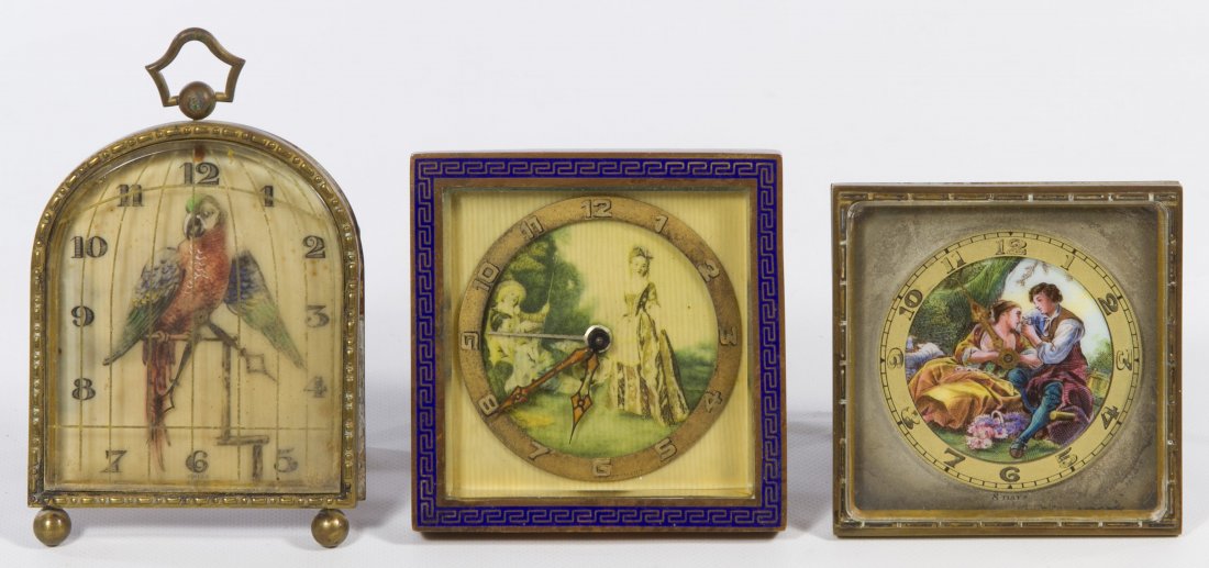 European Boudoir Clock Assortment: European Boudoir Clock Assortment Three items including a Swiss 'La Cage Doree' clock with hand painted bird on bone, a German clock with printed image of female on bone and a Swiss clock by Schild & 