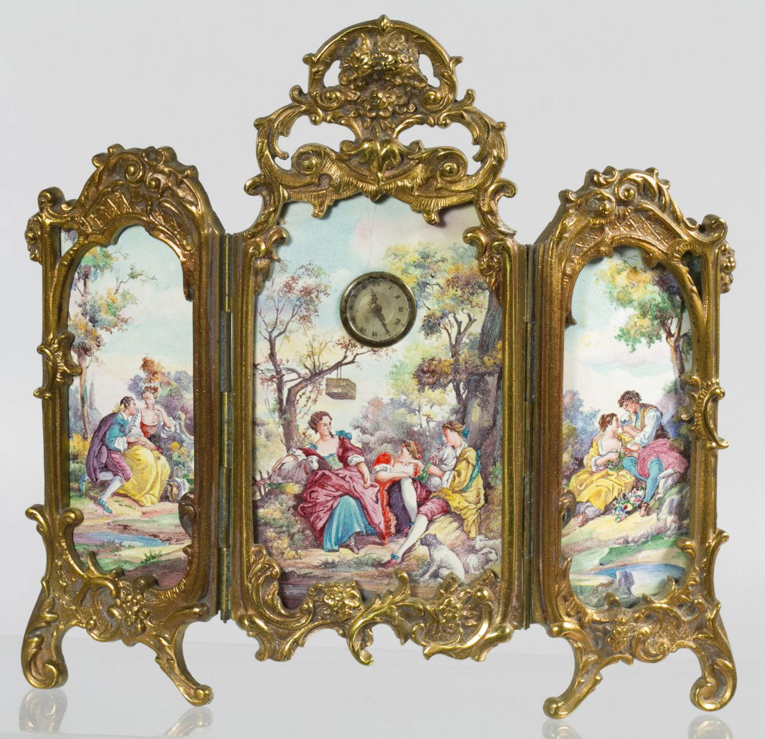 French Painted Porcelain Miniature Clock: French Painted Porcelain Miniature Clock Having a three panel screen with hand painted porcelain eighteenth century style images of couples within pastoral landscapes Height: 7.50 inches, Width: 8.00