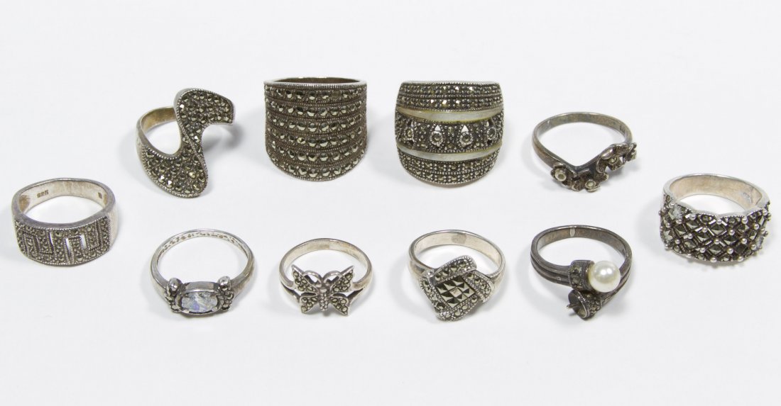 Sterling Silver Ring Assortment with Marcasite: Sterling Silver Ring Assortment with Marcasite Ten ringsSize: 6 to 8 Weight: 33.05 dwts. (total weight) Category: Jewelry and Timepieces > Sterling Silver Shipping Status: Leonard Auction, Inc. will d