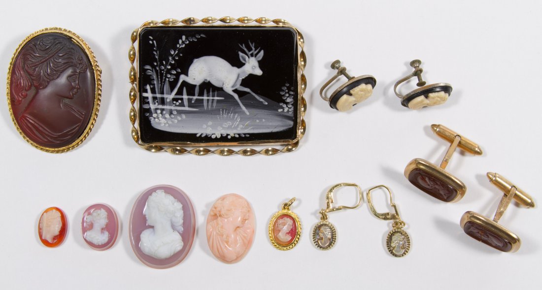 Cameo Assortment: Cameo Assortment Twelve molded cameos including two pairs of earrings, a pair of cuff links, a pendant, a brooch and four loose cameos; together with a Mary Gregory style painted glass brooch Height: 